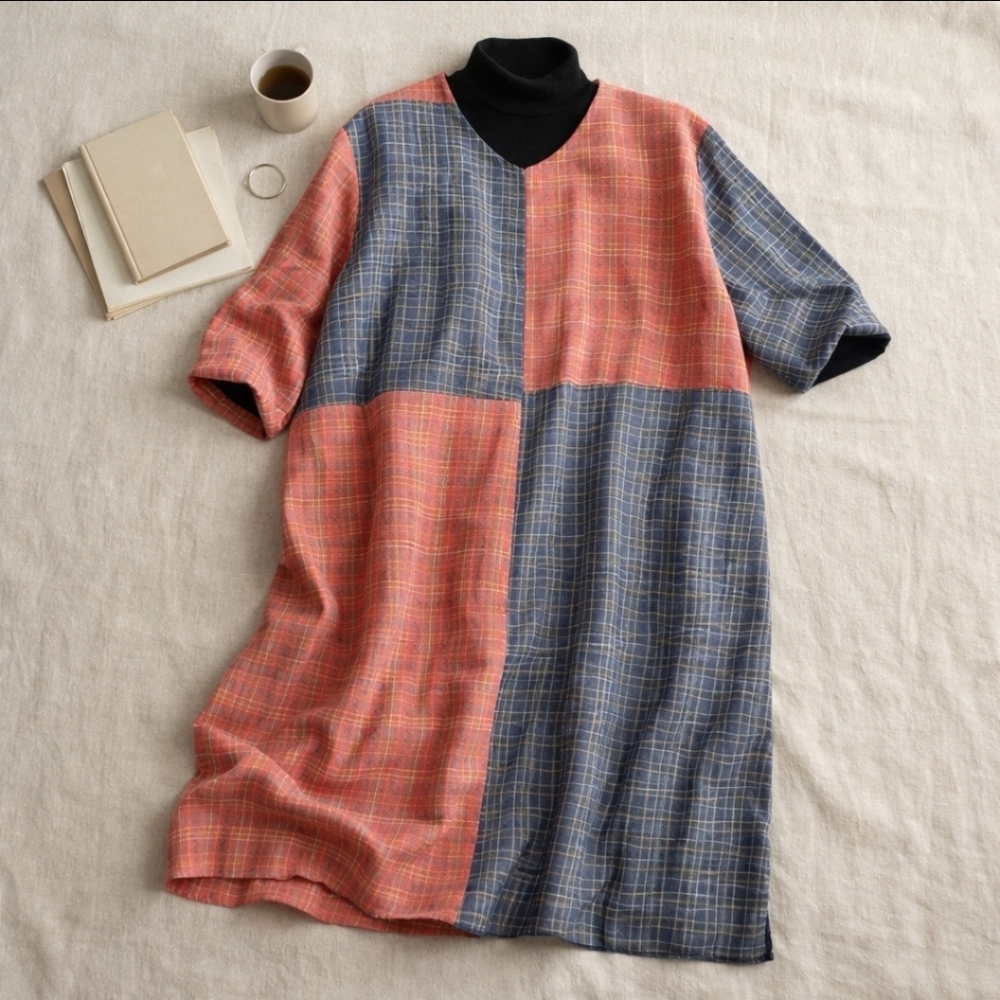 Mordenmiss Artisan Linen Patchwork Dress | Oversized Wabi-Sabi 26” P2P - Picture 5 of 12
